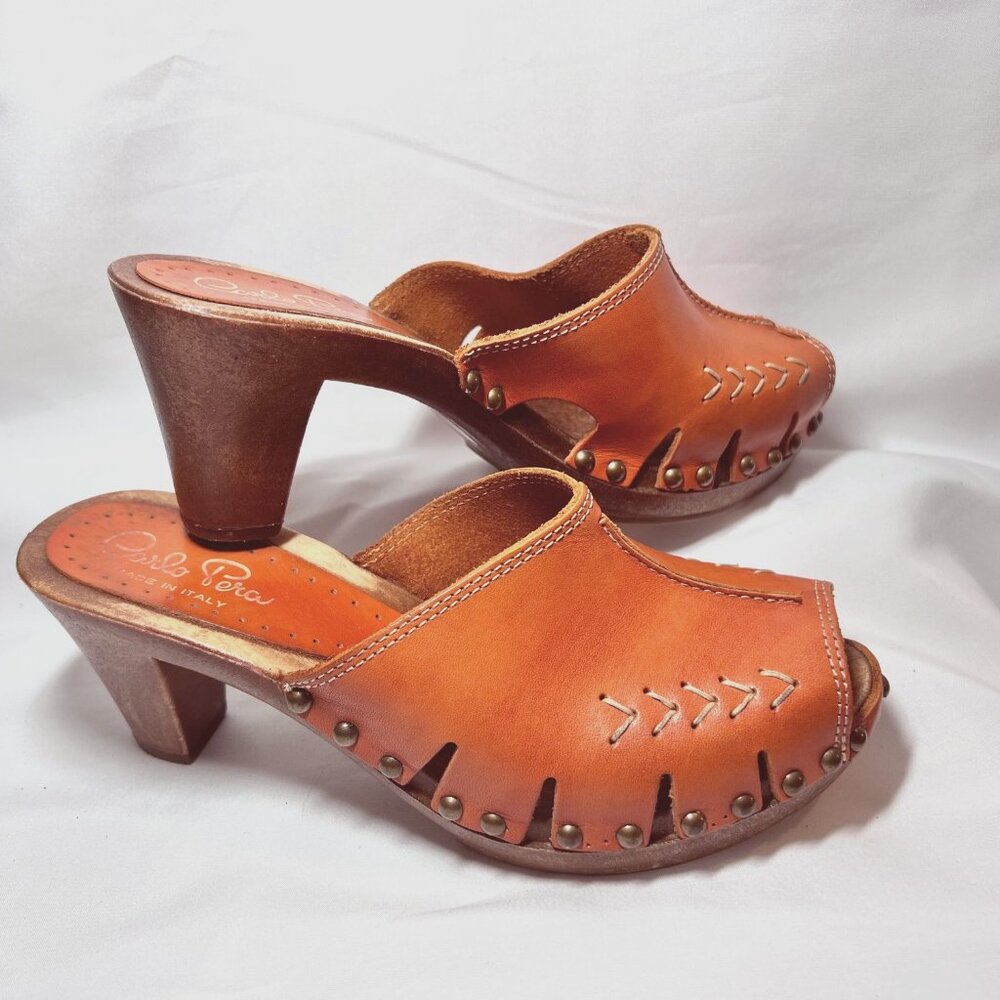 Carlo Pera-Made/Italy-Women's Slip on Clogs-Orange Leather-Sz 7-Studs-Wood-Open